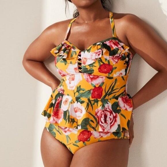 Torrid Plus Size 2 Roses Wireless One Piece Peplum Lattice Lace Up Swimsuit 2X - Picture 3 of 3